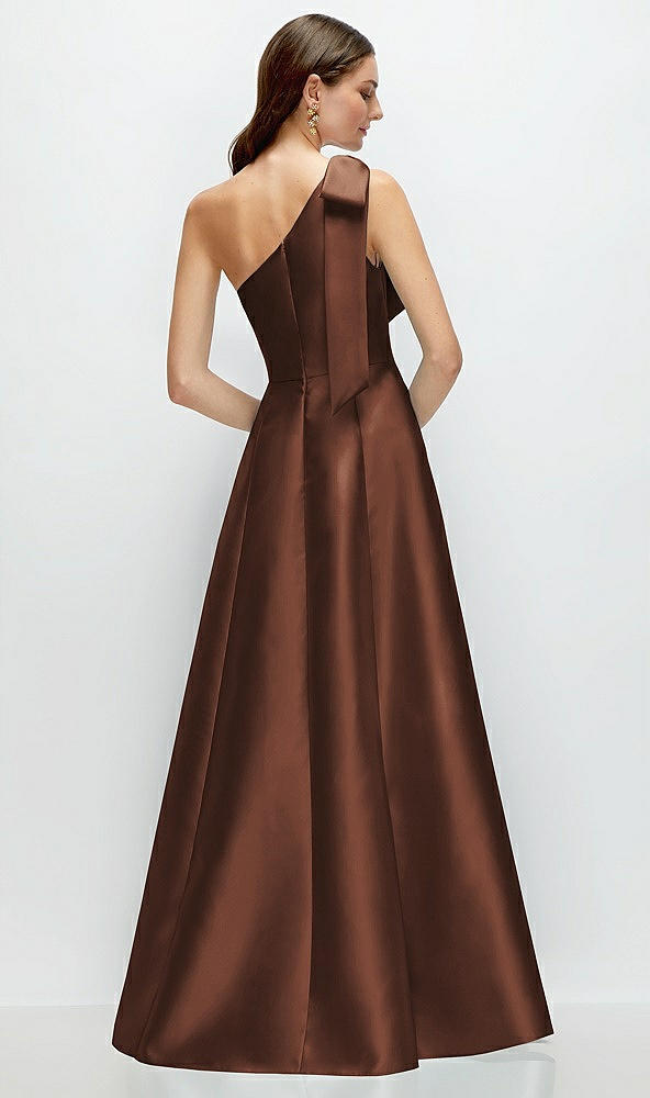 Back View - Cognac Bow One-Shoulder Full A-Line Satin Maxi Dress