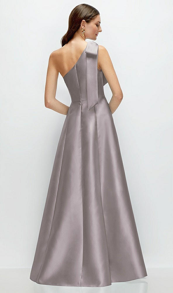 Back View - Cashmere Gray Bow One-Shoulder Full A-Line Satin Maxi Dress