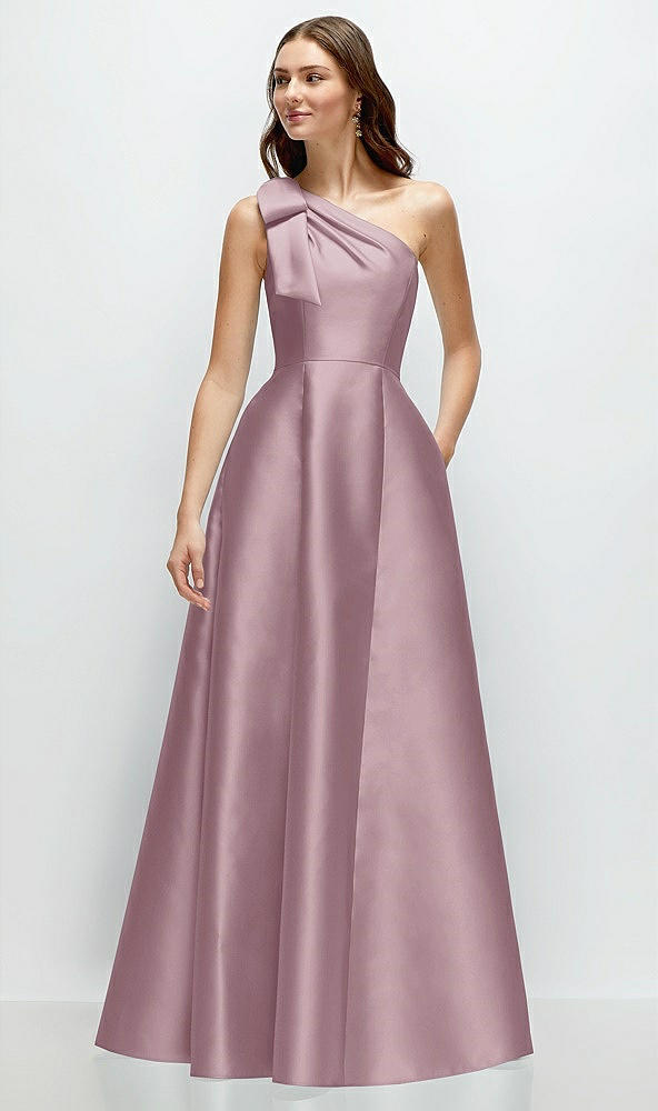 Front View - Dusty Rose Bow One-Shoulder Full A-Line Satin Maxi Dress