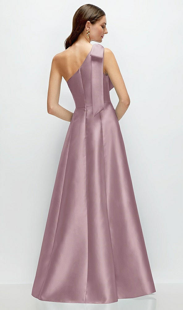 Back View - Dusty Rose Bow One-Shoulder Full A-Line Satin Maxi Dress