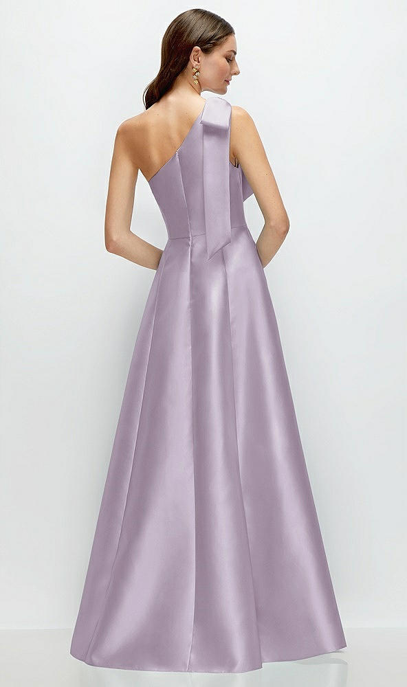 Back View - Lilac Haze Bow One-Shoulder Full A-Line Satin Maxi Dress