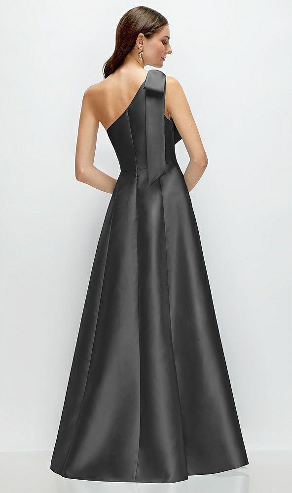 Back View - Pewter Bow One-Shoulder Full A-Line Satin Maxi Dress