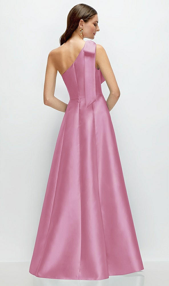 Back View - Powder Pink Bow One-Shoulder Full A-Line Satin Maxi Dress