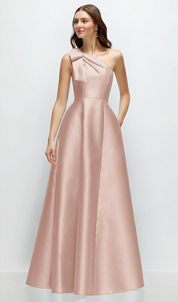 Front View - Toasted Sugar Bow One-Shoulder Full A-Line Satin Maxi Dress