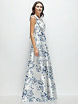 Side View Thumbnail - Cottage Rose Larkspur Bow One-Shoulder Full A-Line Floral Satin Maxi Dress