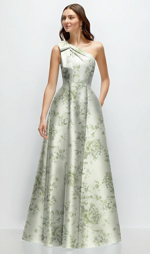 Front View - Cottage Rose Sage Bow One-Shoulder Full A-Line Floral Satin Maxi Dress