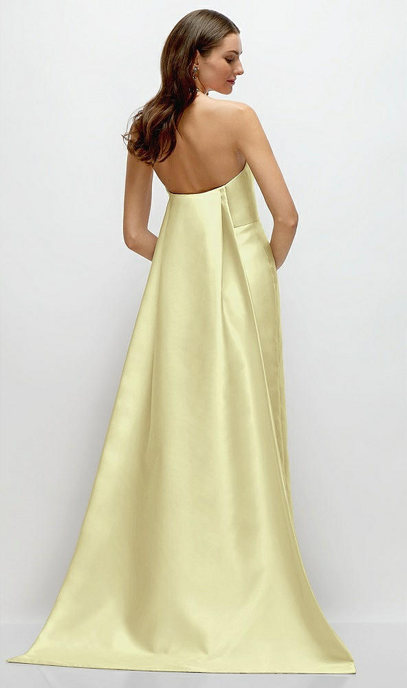 Back View - Butter Yellow Strapless Satin Column Dress with Removeable Watteau Train