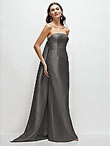 Front View Thumbnail - Caviar Gray Strapless Satin Column Dress with Removeable Watteau Train