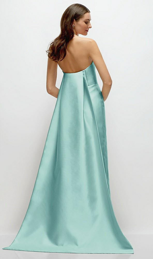 Back View - Coastal Strapless Satin Column Dress with Removeable Watteau Train