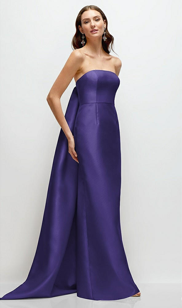 Front View - Grape Strapless Satin Column Dress with Removeable Watteau Train