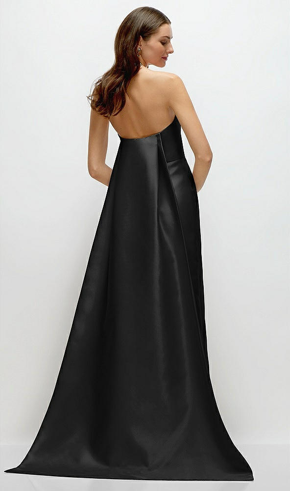 Back View - Black Strapless Satin Column Dress with Removeable Watteau Train