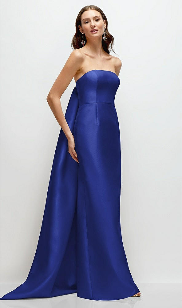 Front View - Cobalt Blue Strapless Satin Column Dress with Removeable Watteau Train