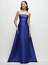 Side View Thumbnail - Cobalt Blue Strapless Satin Column Dress with Removeable Watteau Train