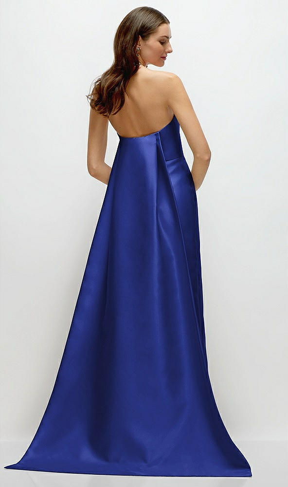 Back View - Cobalt Blue Strapless Satin Column Dress with Removeable Watteau Train