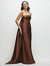 Front View Thumbnail - Cognac Strapless Satin Column Dress with Removeable Watteau Train