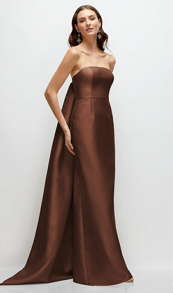 Front View - Cognac Strapless Satin Column Dress with Removeable Watteau Train