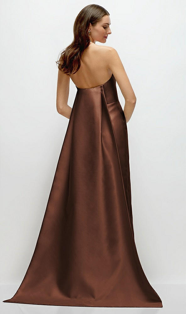 Back View - Cognac Strapless Satin Column Dress with Removeable Watteau Train