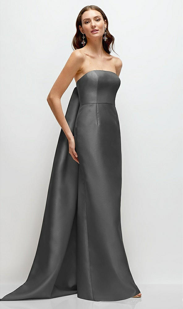 Front View - Gunmetal Strapless Satin Column Dress with Removeable Watteau Train