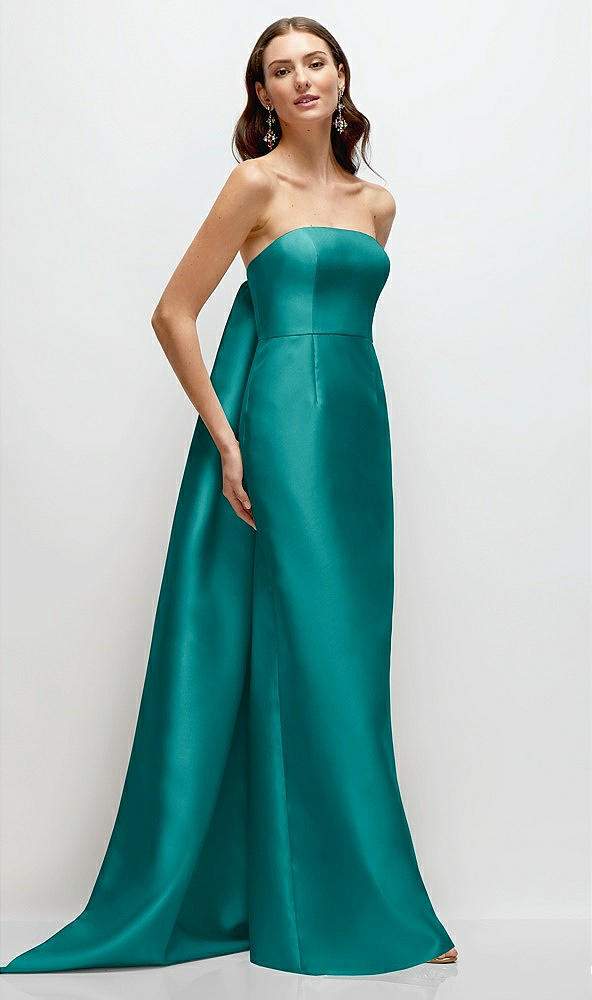 Front View - Jade Strapless Satin Column Dress with Removeable Watteau Train