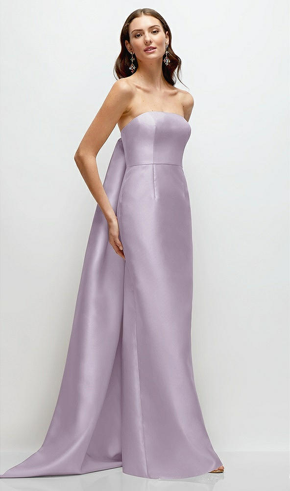 Front View - Lilac Haze Strapless Satin Column Dress with Removeable Watteau Train