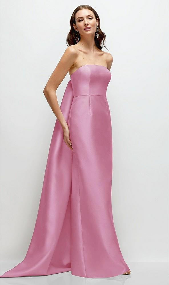 Front View - Powder Pink Strapless Satin Column Dress with Removeable Watteau Train