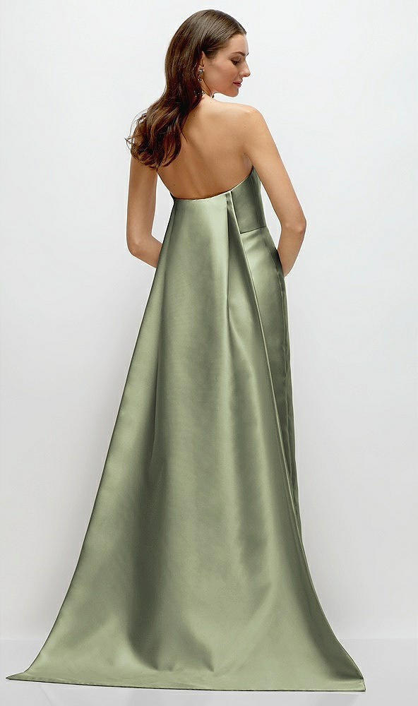 Back View - Sage Strapless Satin Column Dress with Removeable Watteau Train