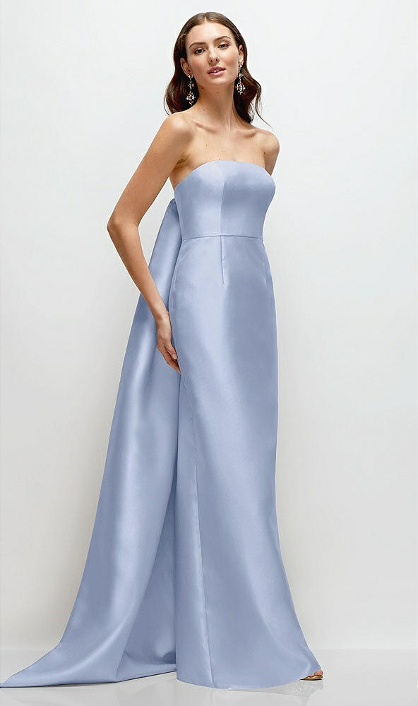 Front View - Sky Blue Strapless Satin Column Dress with Removeable Watteau Train