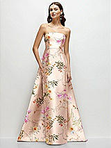 Front View Thumbnail - Butterfly Botanica Pink Sand Strapless Floral Satin Column Dress with Removeable Watteau Train