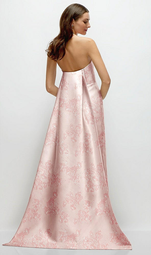 Back View - Bow And Blossom Print Strapless Floral Satin Column Dress with Removeable Watteau Train