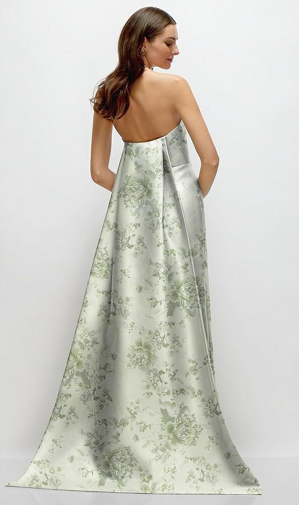 Back View - Cottage Rose Sage Strapless Floral Satin Column Dress with Removeable Watteau Train