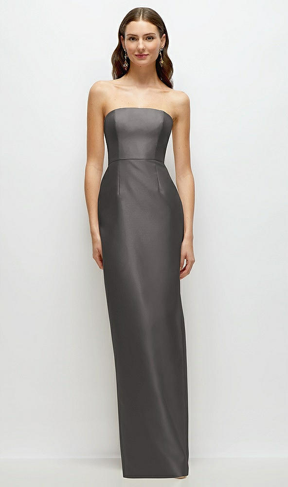 Front View - Caviar Gray Strapless Satin Column Dress with Back Slit