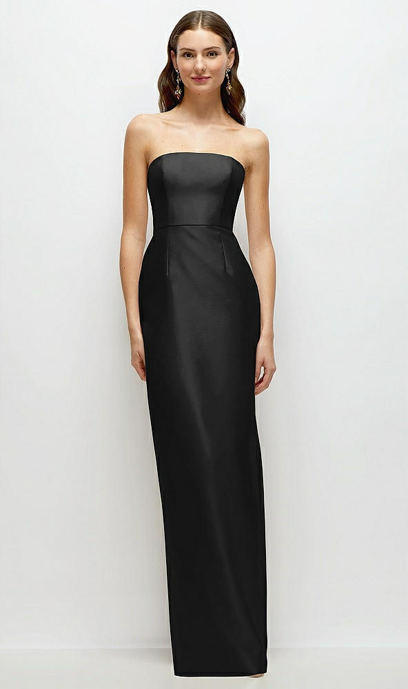 Front View - Black Strapless Satin Column Dress with Back Slit