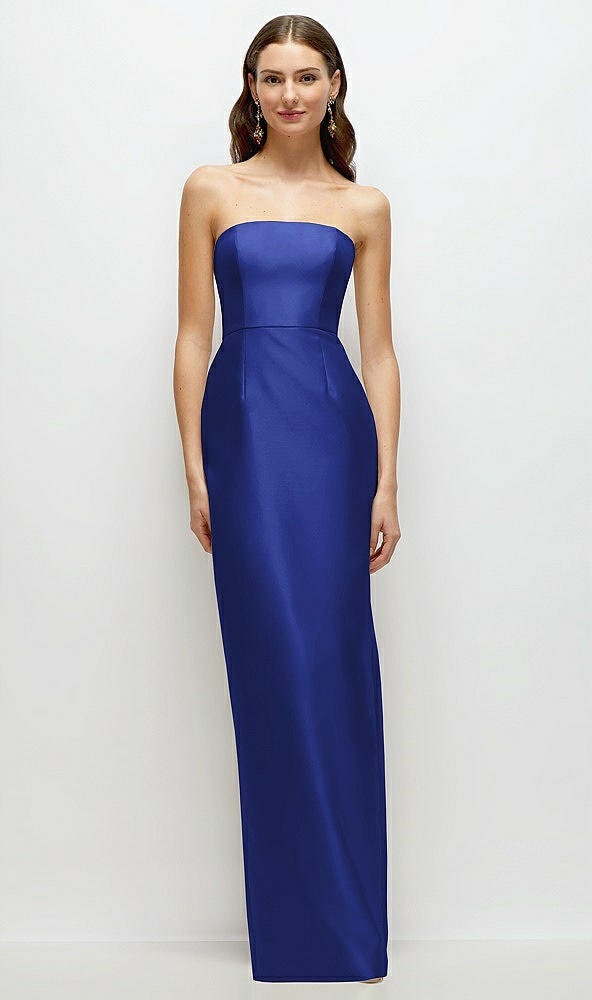 Front View - Cobalt Blue Strapless Satin Column Dress with Back Slit