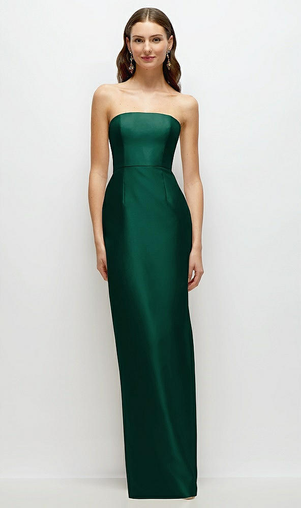 Front View - Hunter Green Strapless Satin Column Dress with Back Slit