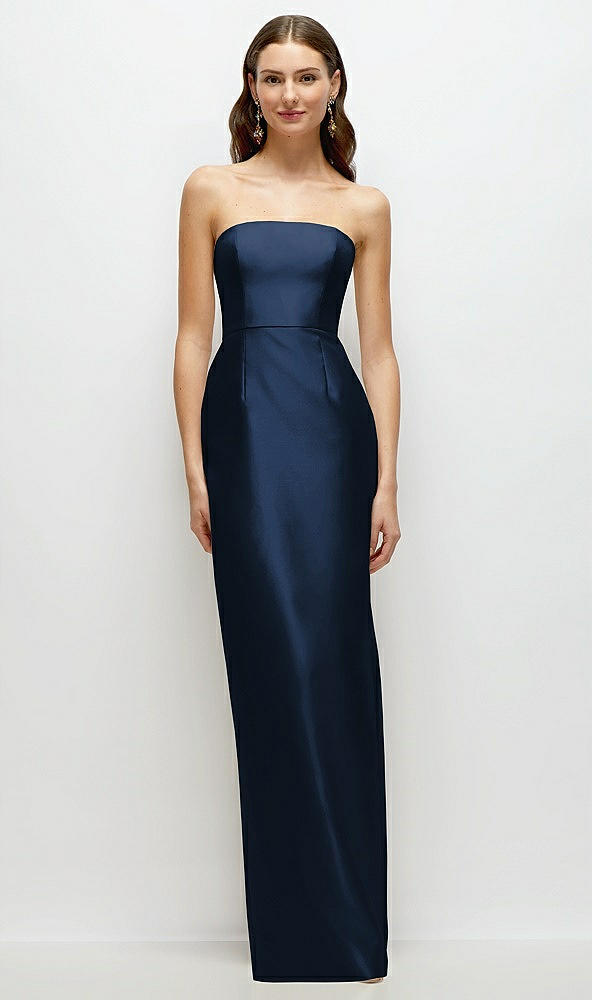 Front View - Midnight Navy Strapless Satin Column Dress with Back Slit