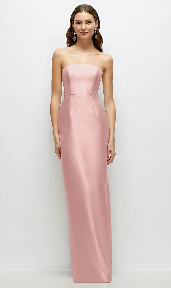 Front View - Rose - PANTONE Rose Quartz Strapless Satin Column Dress with Back Slit