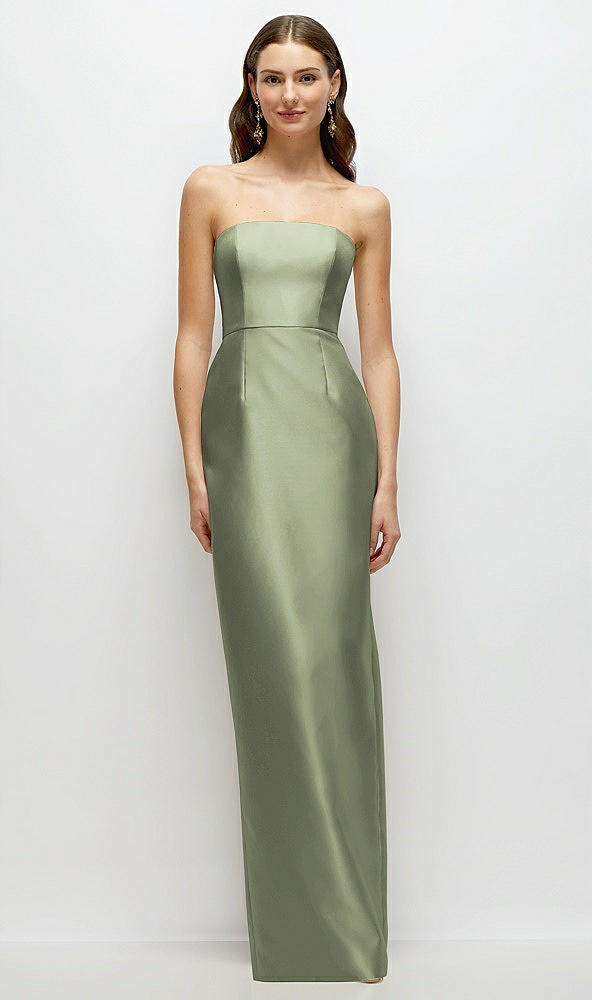 Front View - Sage Strapless Satin Column Dress with Back Slit