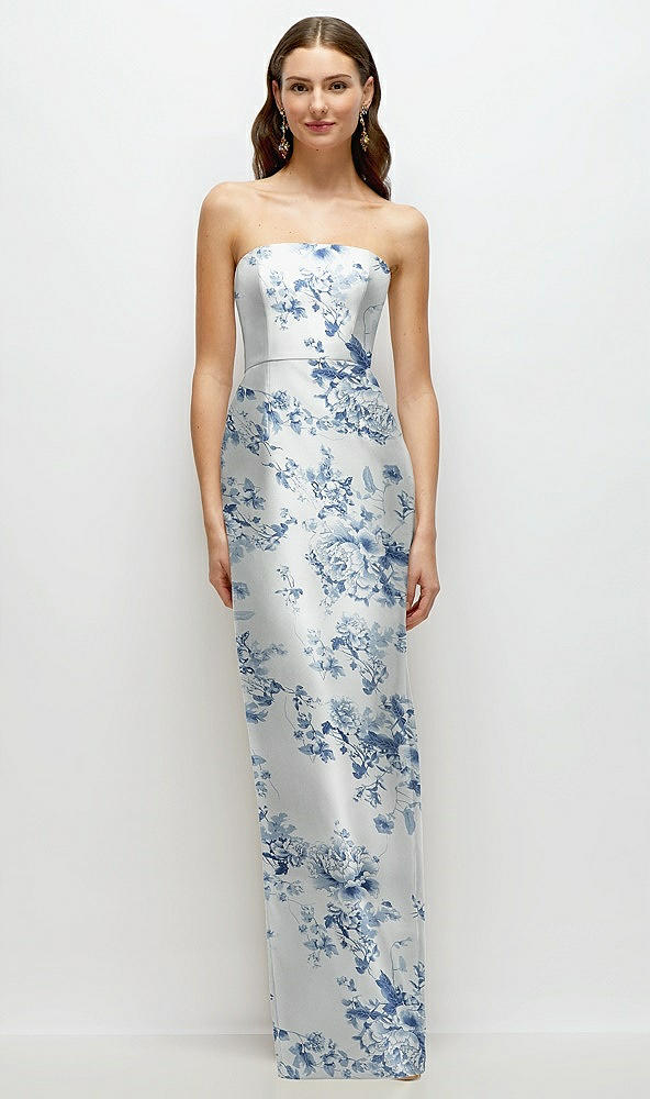 Front View - Cottage Rose Larkspur Strapless Floral Satin Column Dress with Back Slit