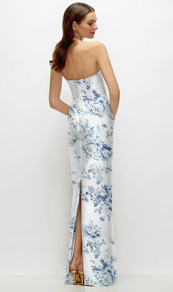 Back View - Cottage Rose Larkspur Strapless Floral Satin Column Dress with Back Slit