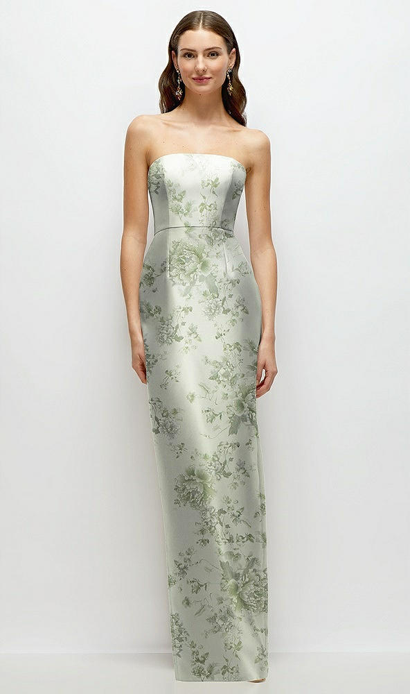 Front View - Cottage Rose Sage Strapless Floral Satin Column Dress with Back Slit