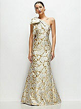 Front View Thumbnail - Winter Rose Bow One-Shoulder Gold Leaf Brocade Maxi Dress with Trumpet Skirt