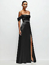 Side View Thumbnail - Black A-Line Satin Maxi Dress with Convertible Off-the-Shoulder or Strapless Looks 