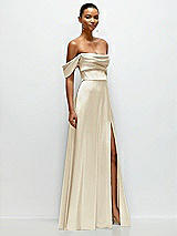 Side View Thumbnail - Champagne A-Line Satin Maxi Dress with Convertible Off-the-Shoulder or Strapless Looks 