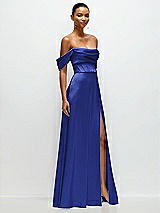 Side View Thumbnail - Cobalt Blue A-Line Satin Maxi Dress with Convertible Off-the-Shoulder or Strapless Looks 