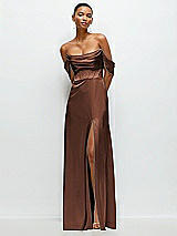 Front View Thumbnail - Cognac A-Line Satin Maxi Dress with Convertible Off-the-Shoulder or Strapless Looks 