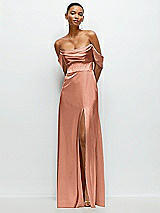 Front View Thumbnail - Copper Penny A-Line Satin Maxi Dress with Convertible Off-the-Shoulder or Strapless Looks 