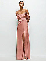 Front View Thumbnail - Desert Rose A-Line Satin Maxi Dress with Convertible Off-the-Shoulder or Strapless Looks 