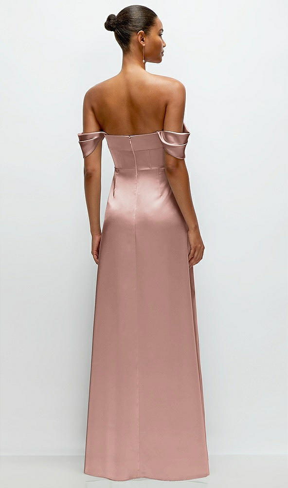 Back View - Neu Nude A-Line Satin Maxi Dress with Convertible Off-the-Shoulder or Strapless Looks 