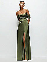 Front View Thumbnail - Olive Green A-Line Satin Maxi Dress with Convertible Off-the-Shoulder or Strapless Looks 