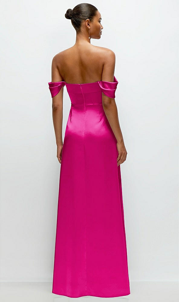 Back View - Think Pink A-Line Satin Maxi Dress with Convertible Off-the-Shoulder or Strapless Looks 